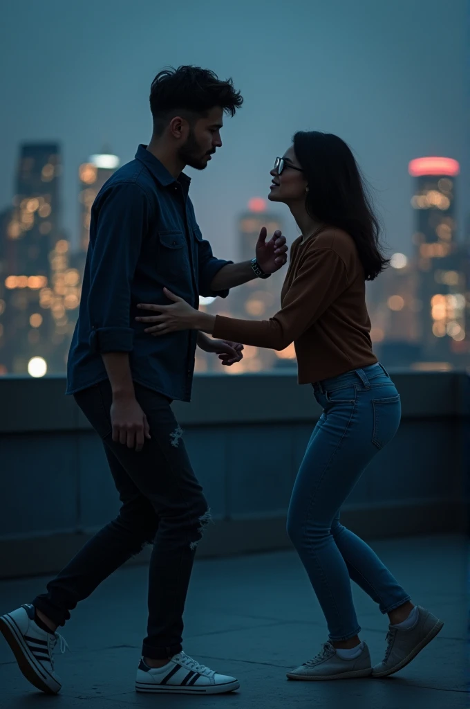 A young man wearing a dark blue shirt, jeans, white shoes and a smartwatch tries to stop his girlfriend on a rooftop at night; the girl is wearing a brown top and jeans and is also wearing glasses