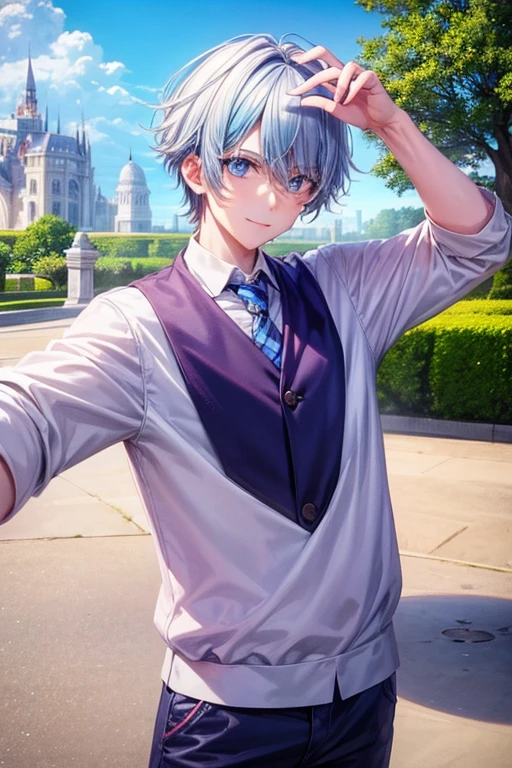 cute boy, by white, blue eyes, park, selfie