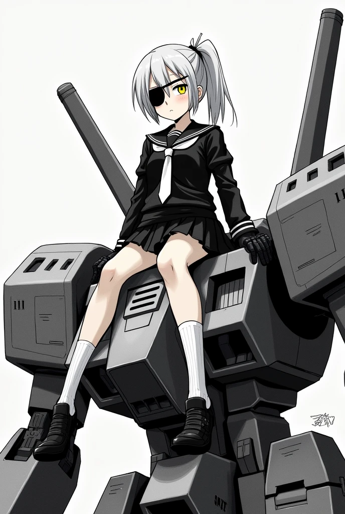 Medium height White short ponytail anime girl Determine yellow eye color with black eye patch wearing black school uniform, short skirt, long white sock, tactical glove sitting on top a Battle mecha . Manga art style. Black and white color