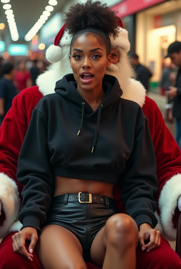 black woman hair in a bun black hoodie black leather short shorts butt cheeks showing excited and eyes wide open on her face setting in santa claus lap at the mall 8k