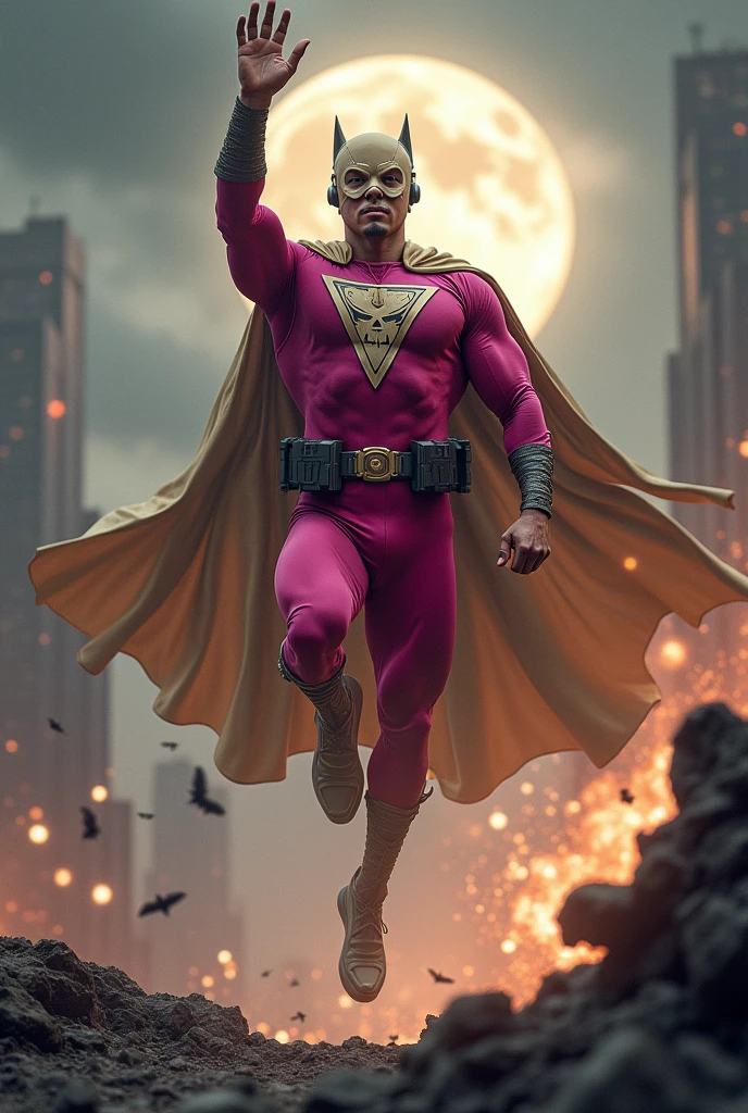 
Malaysia man in high-tech suit, vivid effects, malaysian superhero (KELUANG MAN) in a striking pink and brown beige costume cyberpunk design((, mask small mini bat ear beige,)) daredevil beige mask, jumpsuit dark pink stands confidently in a dramatic.jumping from high place.hero costume.one hand rise up. (Big triangle logo on the chest.high detail Punisher logo on the chest)). jumping from hight place. Fighting pose , stormy landscape. ((Head covered node guard like batman. Running pose , athletic body type, small mini ear bat mask))The character wears domino mask a helmet with pointed mini torn ears and a flowing cape biege, open nose and mouth. Equipped with visible futuristic weapons on a belt,bullet proof jacket pink dark day.show fingers pose, dark night, big supermoon effect . Small logo on chest triangle shape small ((mitch gerads punisher ))logo center triangle cyber logo center on chest pink logo mini logo . rocky. Building top.smoke ground , bomb effect background, losse pants, losses costume.adding to --ar 3:4 --style raw --stylize 500 --v 6.1. chaos. Lot of small flying bat. One leg on the high stone. Man. Backpack . Real man age 40 year old. One hand holding belt. Jump from high place. Open cape. 