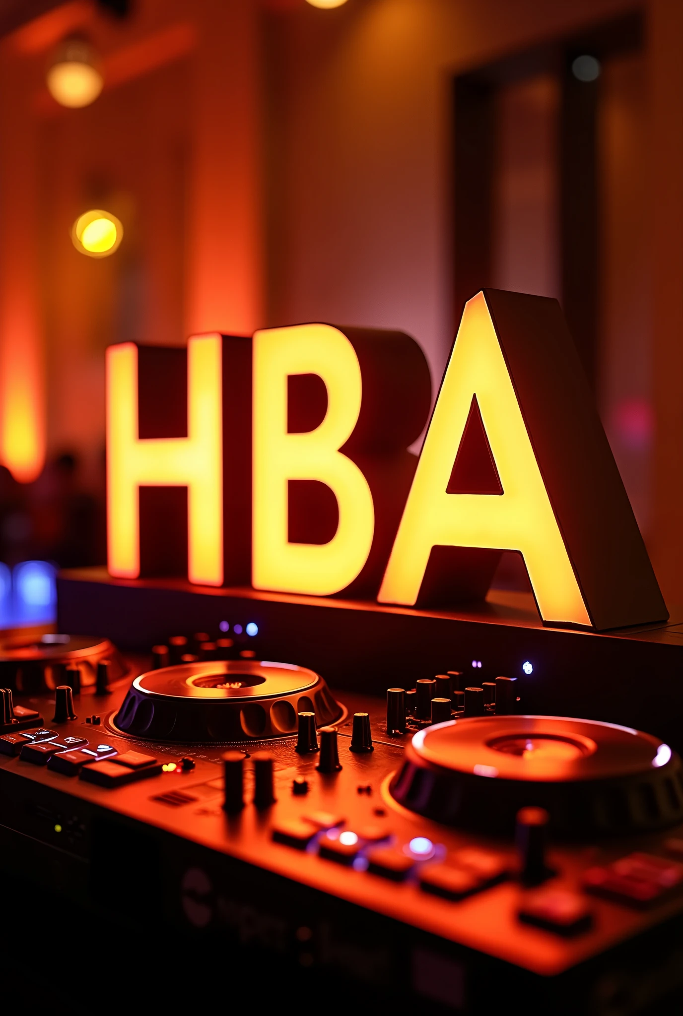Spectacular advertising flyer image in amber tones, for company "HBA EVENTS" dedicated to DJ service, Professional sound and lighting for social and corporate events.