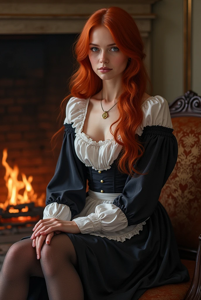 Draw me a woman with red hair 1850 who is a housekeeper, very pretty, looks thin but fit and wears tights with a very beautiful servant&#39;s dress, she should have violet eyes and be a real feast for the eyes, full body picture and realistic, she should sit on a sofa in the fireplace room 