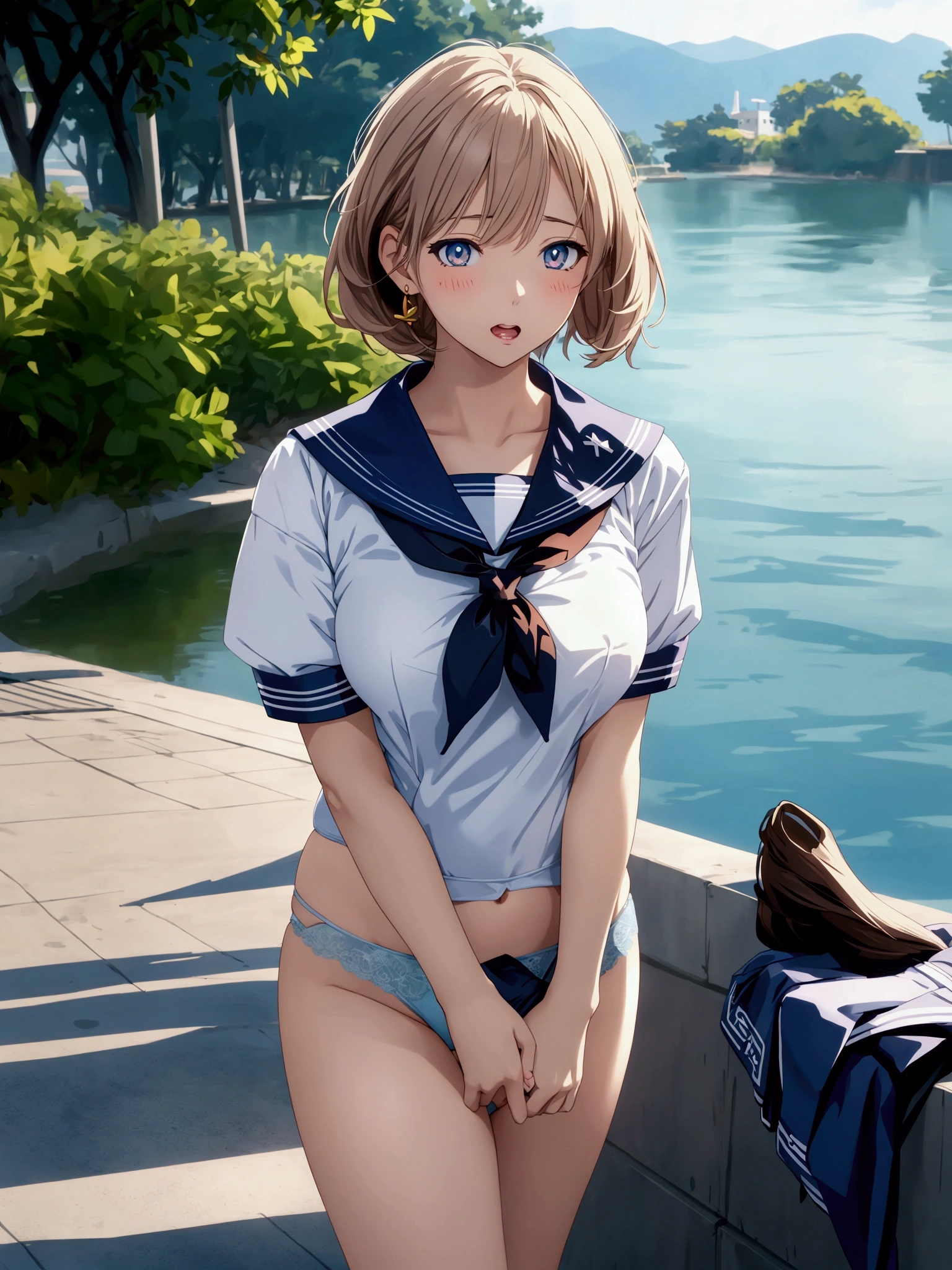 Adult anime woman in sailor uniform posing near a body of water. light blue lace thong, high waist thong, digital rendering, realistic schoolgirl, Kantai Collection Style, soft anime cg art, attractive anime woman. Blushed face, Scared face, open mouth