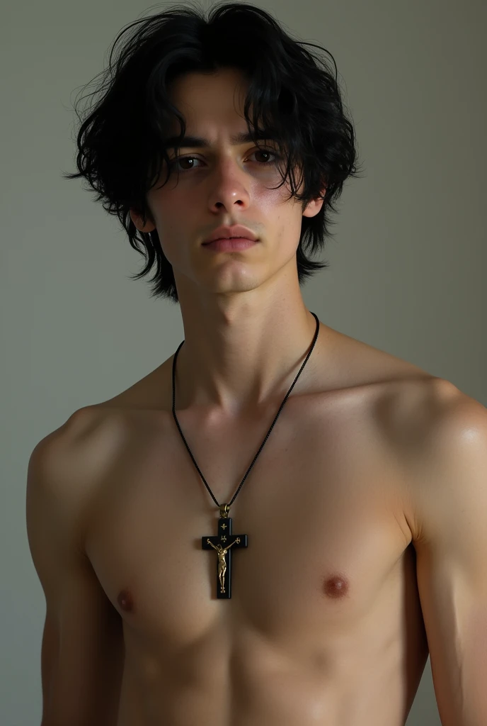 Shirtless boy with medium black hair dark eyes and crucifix 