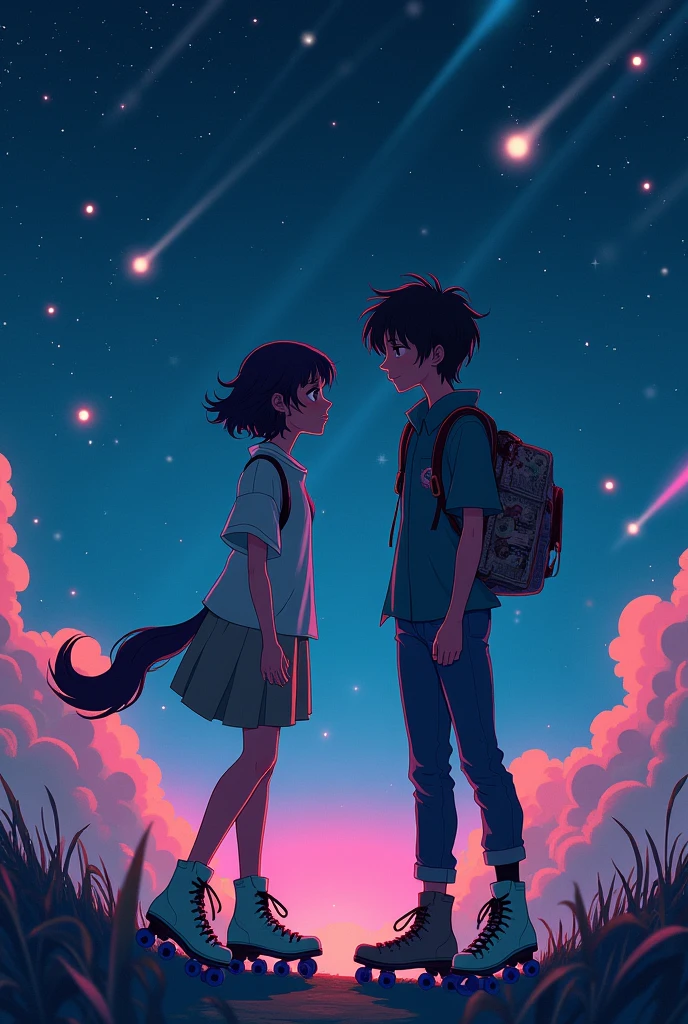 create an animated image, fantasy themed, y sk8, that it is night in the background, illustrations as if under the effects of drugs, with a girl with short wavy hair and a Wolf cut and a boy with a shag cut, that they are floating staring at each other, with vintage clothes, and they are barely noticeable, with stars, and shooting stars, with graffiti sk8 and 2 skate
