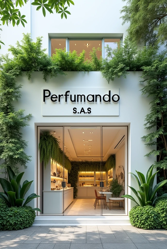 I want you to create the facade of a perfume laboratory that looks very NATURAL called "PERFUMANDO s.A.s"
Make it look a little less natural.
May my facade be white and have several plants around it.
This place must be located in the center of a city.
It must be in a commercial area where there are a lot of people..
Have a lot of people passing in front of the premises.
El local se tiene que llamar PERFUMANDO s.A.s
PON PERsONAs PAsANDO AL FRENTE DE EsTE LOCAL