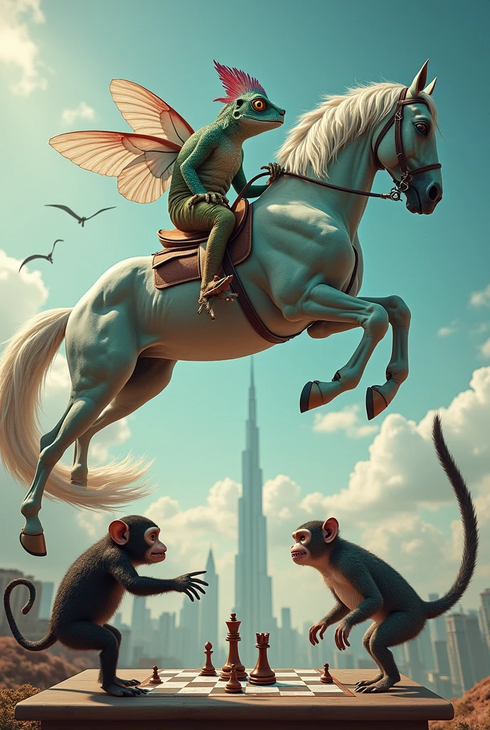 shark with a chameleon riding a horse while playing chess with a monkey while doing 3 pirouettes when jumping out of a plane without a parachute on the way to dubai