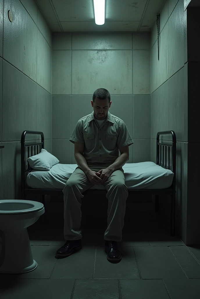 A prison sitting on a bed, in a prison , and a toilet in front of him,that smells bad