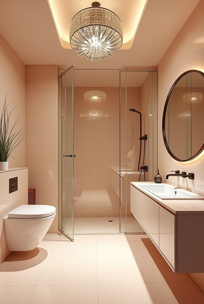 The room is elegantly designed with a light peach tiled floor that adds a soft, warm hue. It features two separate glass-enclosed areas: one for the toilet and another for the shower, creating a modern and spacious feel. A striking, ornate light fixture on the ceiling provides a touch of sophistication and ample illumination. Adjacent to the glass rooms is a large sink paired with a stylish square mirror, enhancing both functionality and aesthetics in the room.
