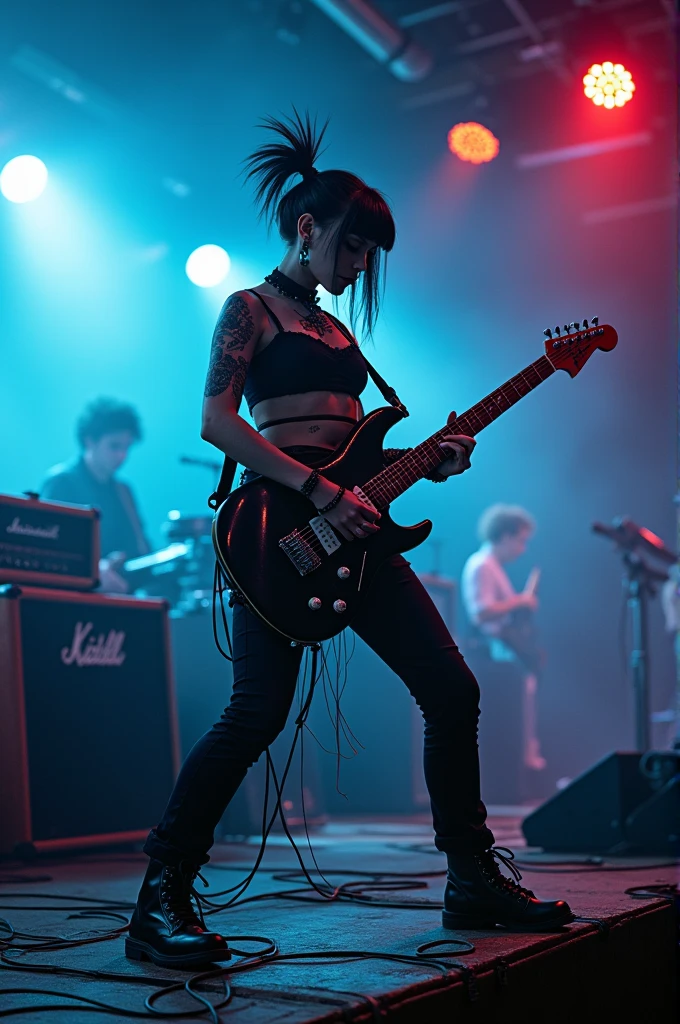 A gothic 2 girl with Paint palying guitar in a show 80s