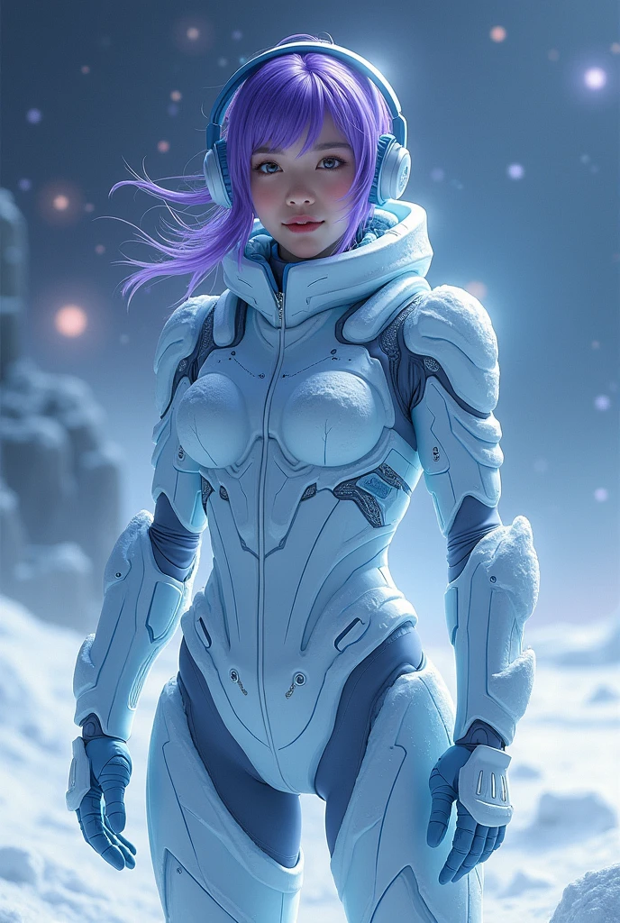 Korean purple hair butterfly woman with headphone intergalactic ice warrior is korean winteres full body 