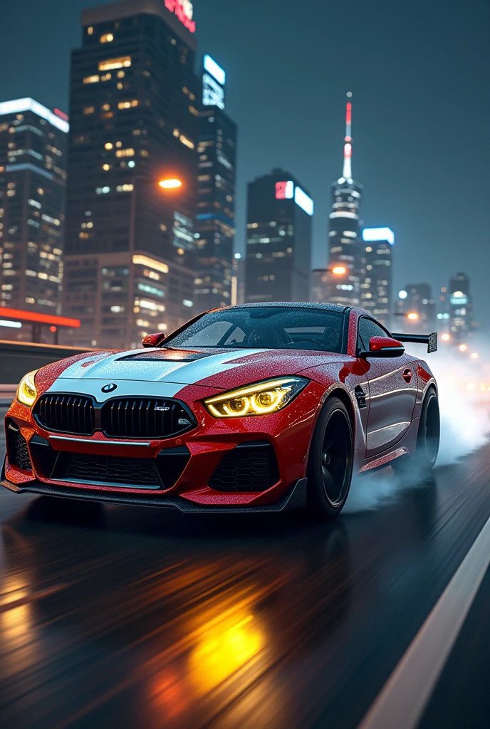 Bmw gt spot car   red and white colours smoke yellow headlights  in city highway might night 
