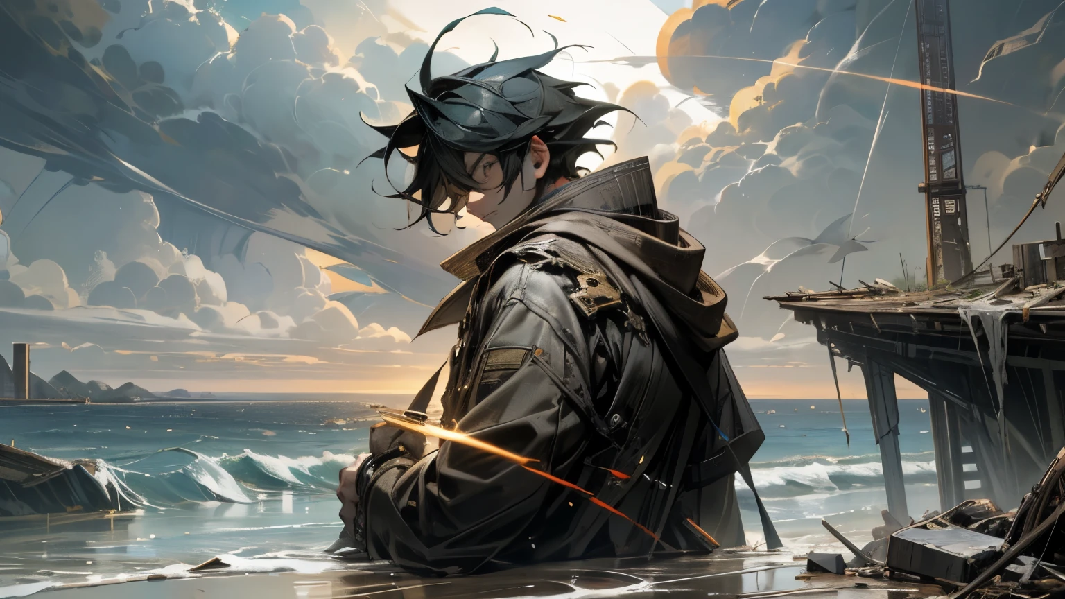 Seaside Boy Apocalypse End of the World Broken Broken Redemption Brightness Masterpiece: 1.3 Maximum image quality 8K Complex detail Detailed background -s3 --auto --s2