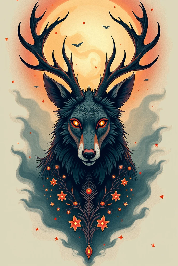 Anhangá Spirit tattoo art with deer antlers and maned wolf head
