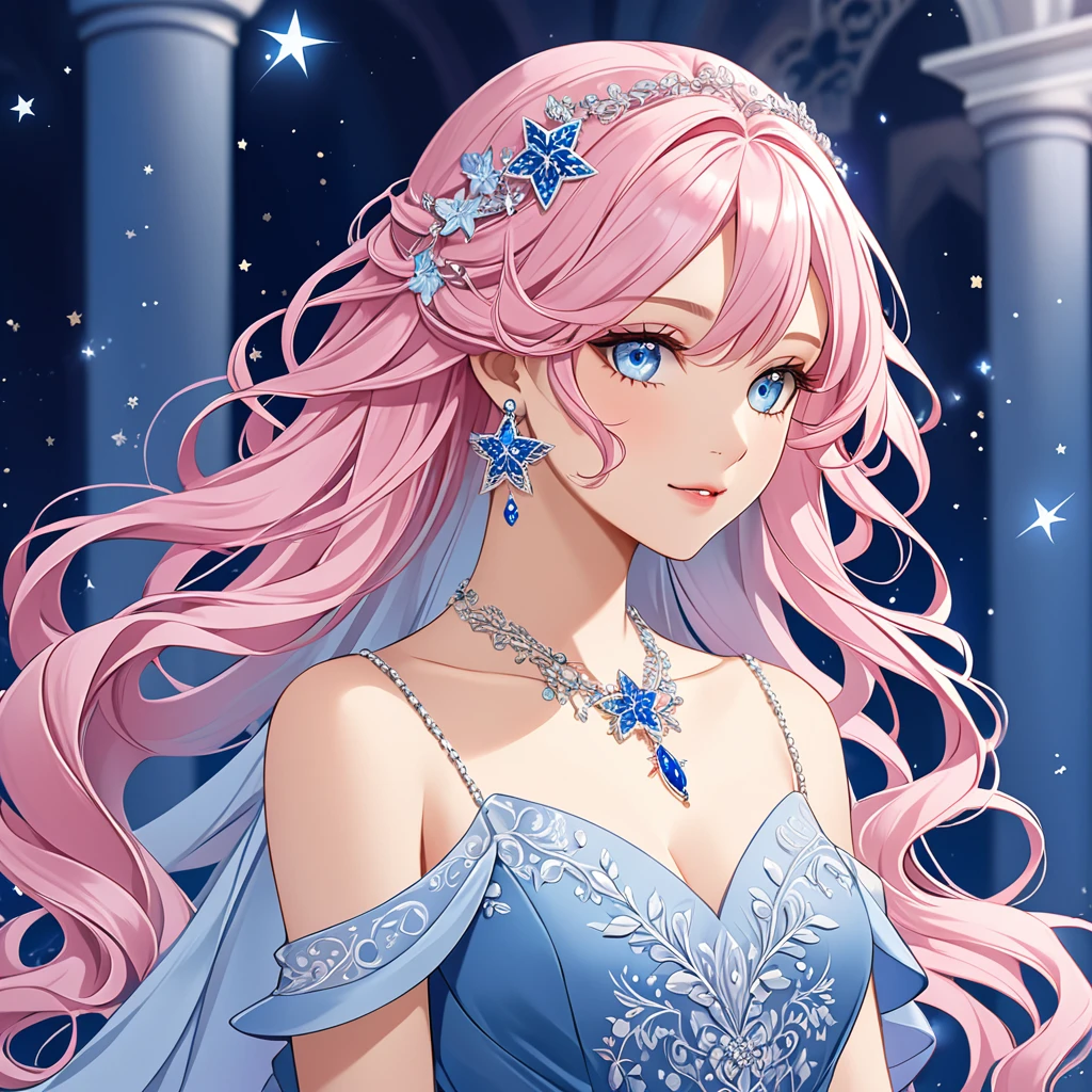 A girl with long, wavy pastel pink hair adorned with a blue streak, styled in loose waves that cascade down her back. She has bright blue eyes that sparkle with a unique power. She wears an elegant outfit consisting of a flowing, layered dress in shades of blue and silver, with intricate embroidery and lace details. The dress features a fitted bodice and a flared skirt that moves gracefully as she walks. She accessorizes with delicate jewelry, including a silver necklace with a star-shaped pendant and matching earrings. A small star-shaped tattoo near her collarbone adds a unique touch to her appearance.