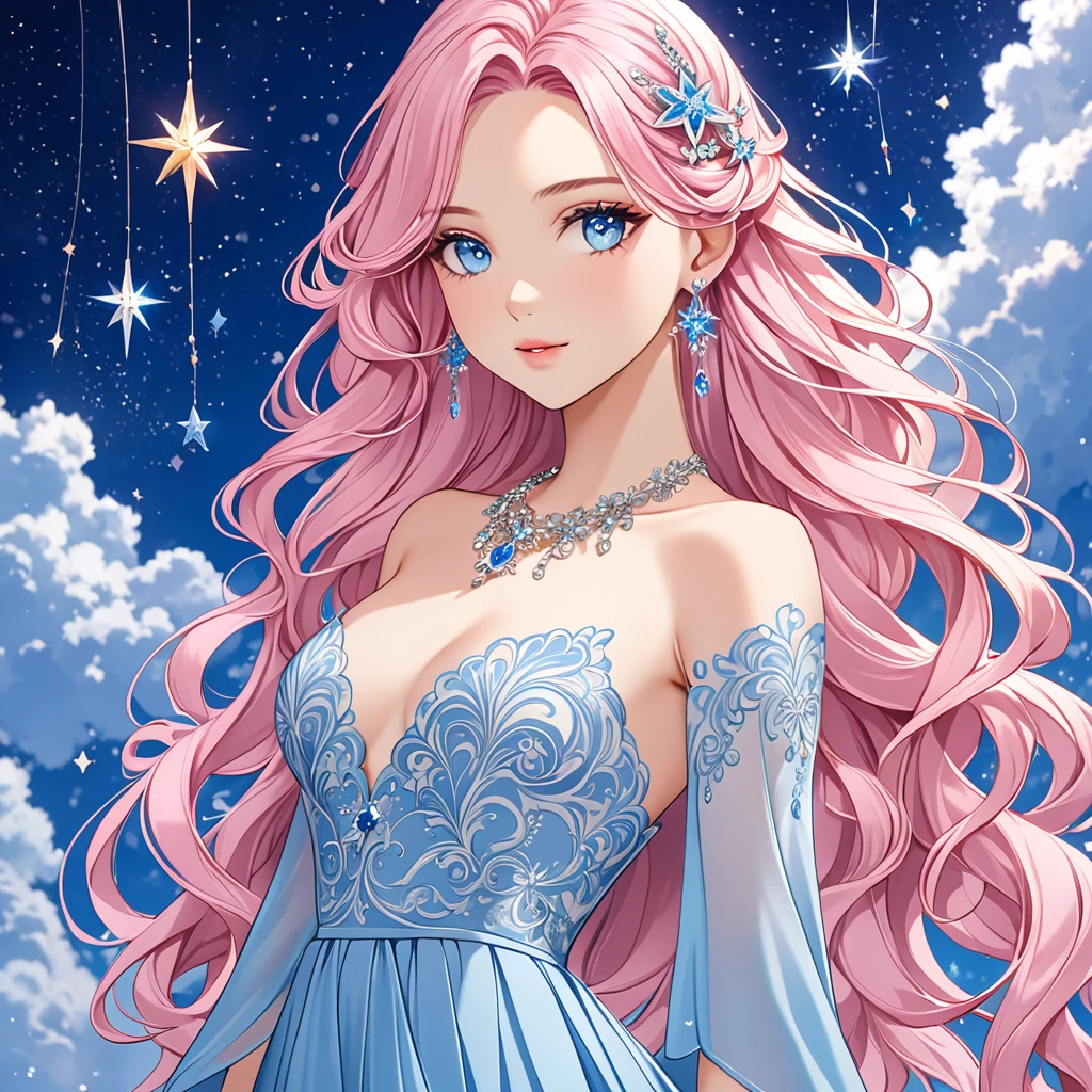 A girl with long, wavy pastel pink hair adorned with a blue streak, styled in loose waves that cascade down her back. She has bright blue eyes that sparkle with a unique power. She wears an elegant outfit consisting of a flowing, layered dress in shades of blue and silver, with intricate embroidery and lace details. The dress features a fitted bodice and a flared skirt that moves gracefully as she walks. She accessorizes with delicate jewelry, including a silver necklace with a star-shaped pendant and matching earrings. A small star-shaped tattoo near her collarbone adds a unique touch to her appearance.