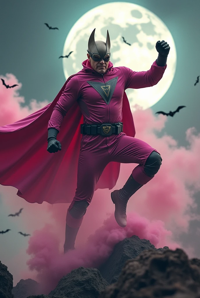 Malaysia man in high-tech suit, vivid effects, malaysian superhero (KELUANG MAN) in a striking pink and brown beige costume cyberpunk design((, mask small mini bat ear beige,)) daredevil beige mask, jumpsuit dark pink stands confidently in a dramatic.jumping from high place.hero costume.one hand rise up. (Big triangle logo on the chest.high detail Punisher logo on the chest)). jumping from hight place. Fighting pose , stormy landscape. ((Head covered node guard like batman. Running pose , athletic body type, small mini ear bat mask))The character wears domino mask a helmet with pointed mini torn ears and a flowing cape biege, open nose and mouth. Equipped with visible futuristic weapons on a belt,bullet proof jacket pink dark day.show fingers pose, dark night, big supermoon effect . Small logo on chest triangle shape small ((mitch gerads punisher ))logo center triangle cyber logo center on chest pink logo mini logo . rocky. Building top.smoke ground , bomb effect background, losse pants, losses costume.adding to --ar 3:4 --style raw --stylize 500 --v 6.1. chaos. Lot of small flying bat. One leg on the high stone. Man. Backpack . Real man age 40 year old. One hand holding belt. Jump from high place. Open cape. Hand holding smoke bomb pink.