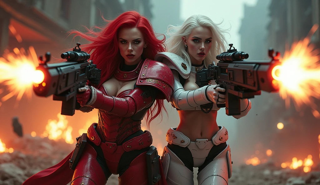 Full body pose sexy sisters of battle from the warhammer 40k, shooting at the enemy, red space marine armor with intricate details, white space marine armor with intricate details, symbols on the armor, sisters of battle, warhammer 40k, Massive exposed silicone breast, pale skin, seductive, temptation, eat your soul, clevage, long red flowing hair, long white flowing hair, long black flowing hair with purple highlights, heavy gothic makeup, at night, neon, beautiful detailed eyes, beautiful detailed lips, extremely detailed eyes and face, long eyelashes, highly detailed armor, intricate futuristic weaponry, dramatic lighting, cinematic composition, muted color palette, gritty and realistic, mecha, science fiction, hyper-detailed, photorealistic, award winning digital art, 8k, HDR, masters work, in the middle of a battle field, full body combat action pose, explosions and fire around, full war, stunning, Stilleto heels, high heels, full body pose, cinematic, movie trailer, final stand!, nemesis, ready to strike, dust and debree, combat screams, attacking, shooting at the enemy, running forward, last line of defense, charging, fanatic, religious, templar knights, sisters of battle, warhammer 40k, shooting at the enemy, bimbo gigantic exposed breast, jetpacks, space marine