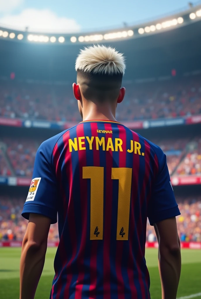 Barcelona jersey in backside where written Neymar JR 11 with body in stadium alot of people standing in audience place (in hairstyles a with white colour)