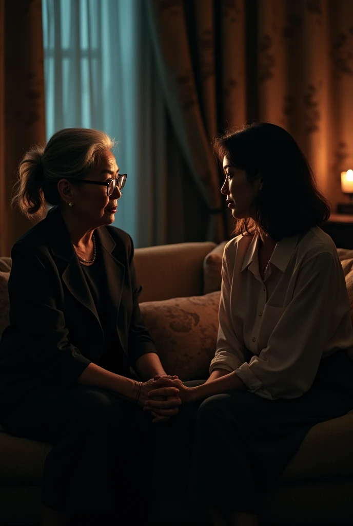 Dark image of CEO's mother with a pretty young Korean woman on the couch talking