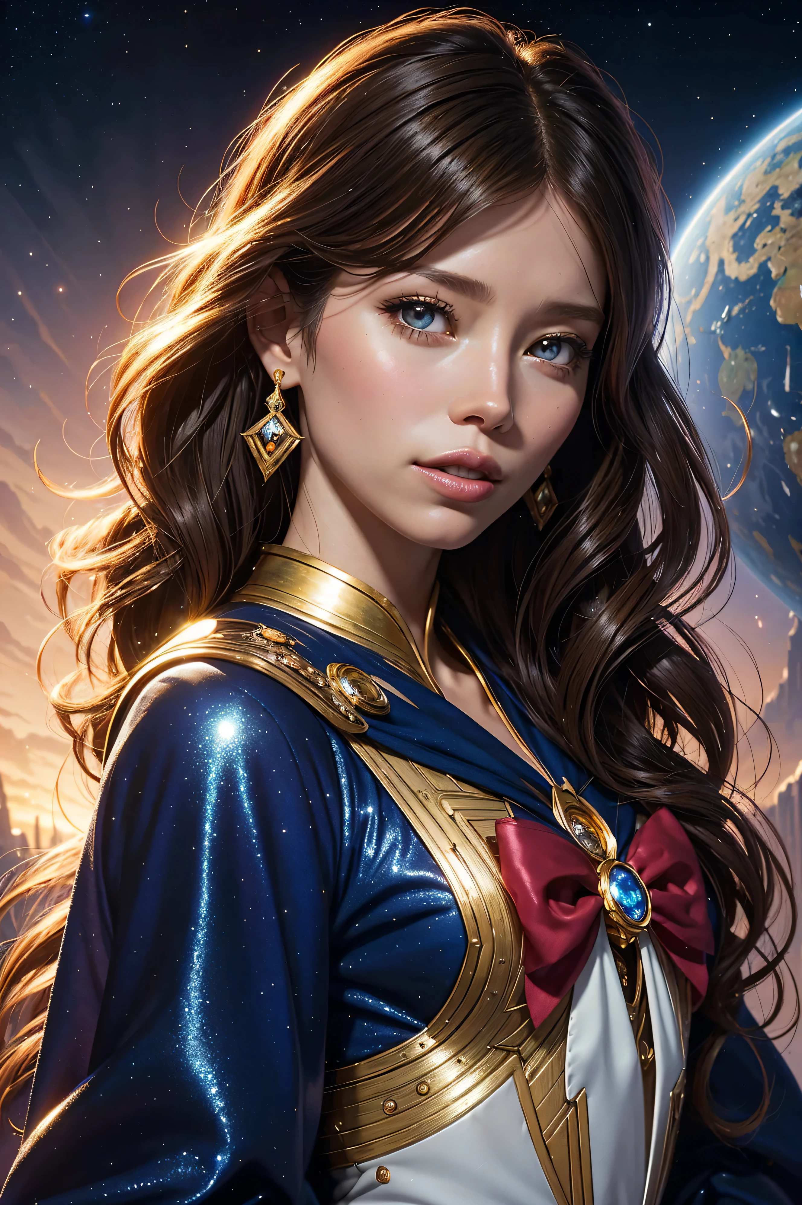 portrait Jessica Biel, wearing beauty sailor moon outfit, against the background of the planet, 6 0 3 0 s, curly hair, intricate, elegant, highly detailed, digital painting, artstation, concept art, smooth, sharp focus, illustration, art by thomas kindkade, charlie bowater, artgerm, greg rutkowski, alphonse mucha and alexandra fomina, 36k, glittering, shining