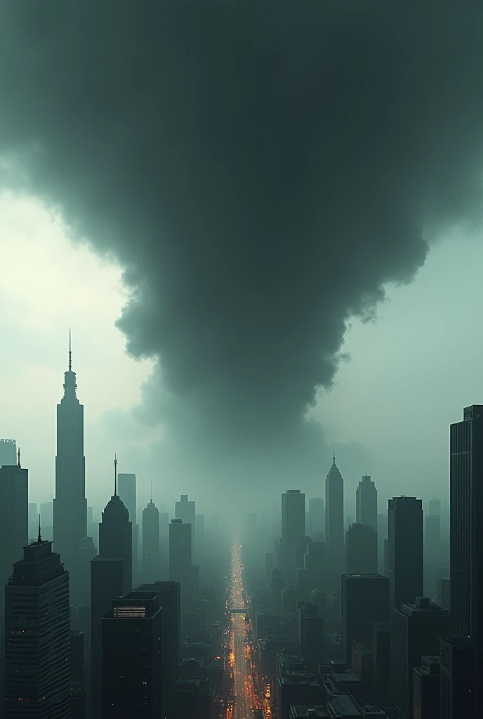 Dark black darkness invades a white sky in a city