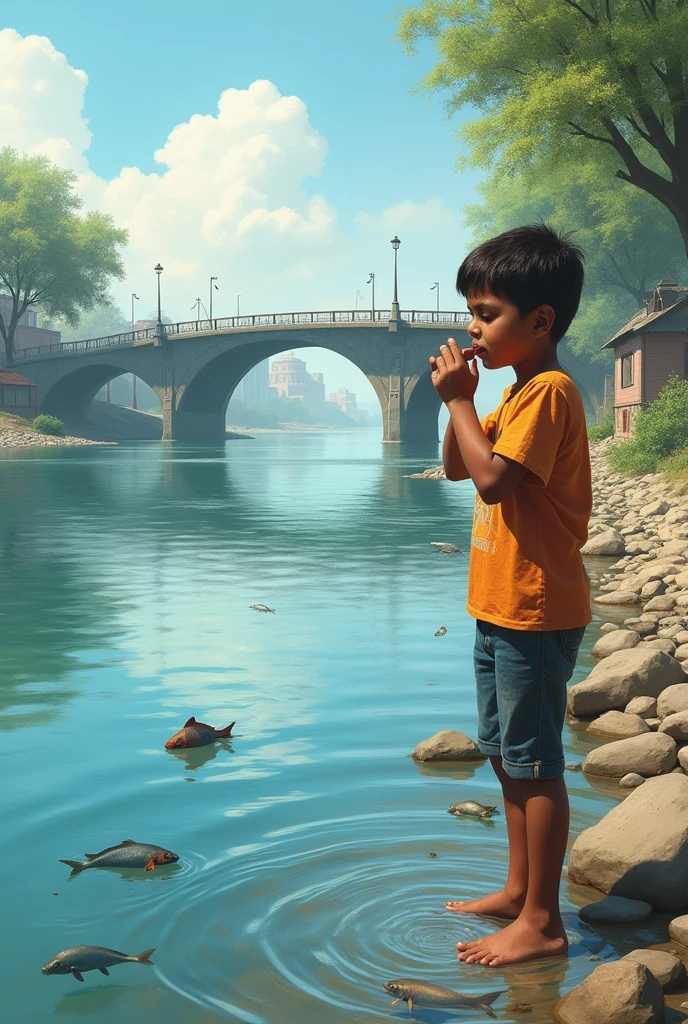 A 6- boy at the right side of the image drinking water directly from the clean yamuna river bank painting composition with small visible fishes in the water and other small details such as yamuna bridge in the background, a little futuristic, houses and buildings around the river