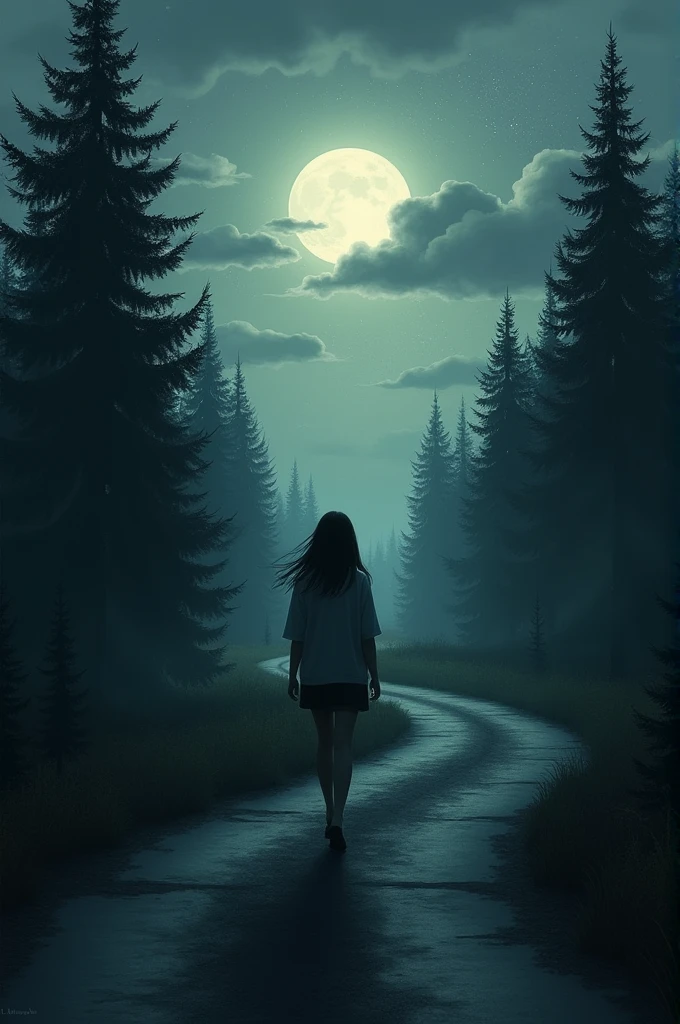 Alone girl walk at midnight on the way