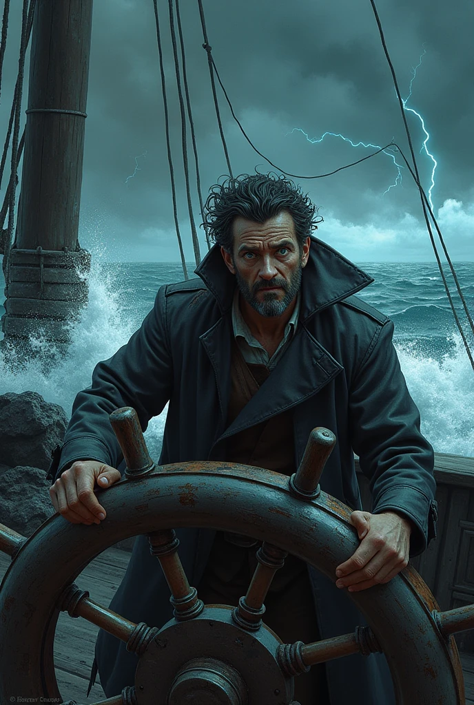 A tense scene aboard a weathered ship, where a frightened captain stands at the helm, gripping the ship's wheel with trembling hands. His wide eyes reveal fear as he navigates through a stormy sea. The wind howls, and the dark, turbulent waves crash against the ship, splashing water onto the deck. The sky above is filled with ominous clouds, and lightning flashes in the distance, casting brief, eerie light on the captain's distressed face. His worn, tattered coat flutters in the fierce wind, capturing the chaos and desperation of the moment.