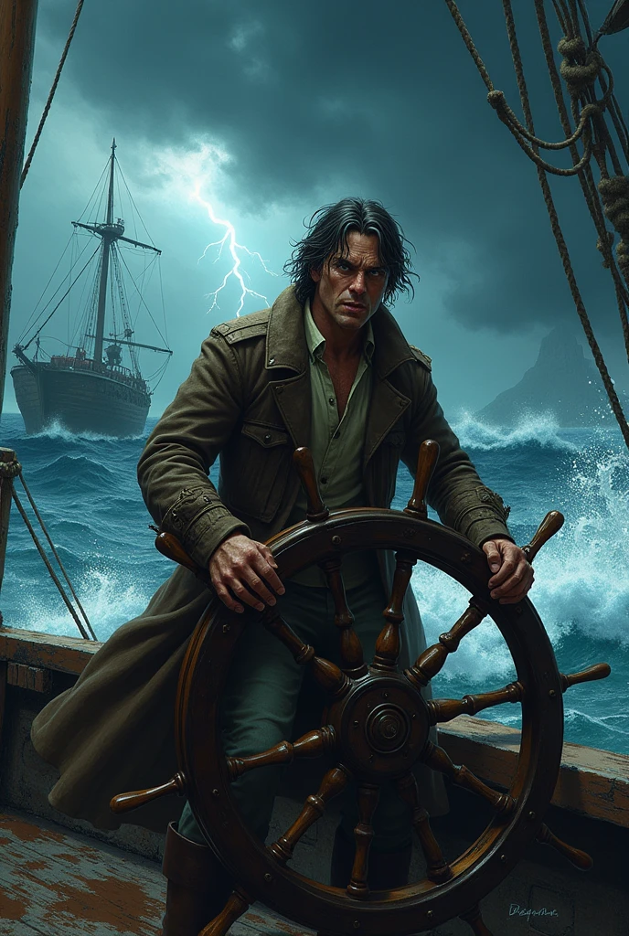 A tense scene aboard a weathered ship, where a frightened captain stands at the helm, gripping the ship's wheel with trembling hands. His wide eyes reveal fear as he navigates through a stormy sea. The wind howls, and the dark, turbulent waves crash against the ship, splashing water onto the deck. The sky above is filled with ominous clouds, and lightning flashes in the distance, casting brief, eerie light on the captain's distressed face. His worn, tattered coat flutters in the fierce wind, capturing the chaos and desperation of the moment.