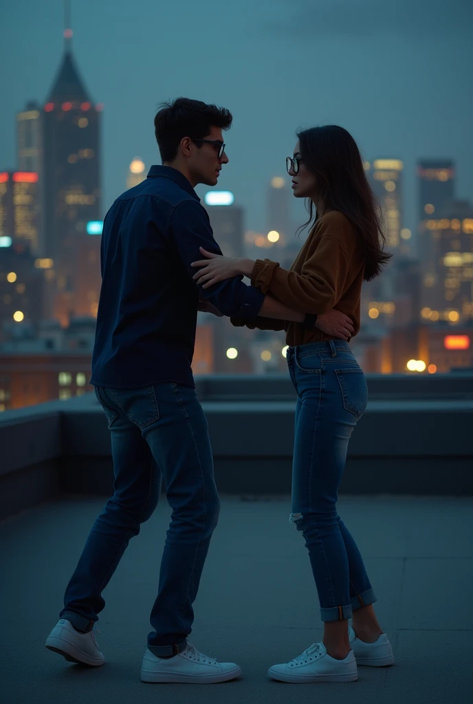 A young man wearing a dark blue shirt, jeans, white shoes and a smartwatch tries to stop his girlfriend on a rooftop at night; the girl is wearing a brown top and jeans and is also wearing glasses