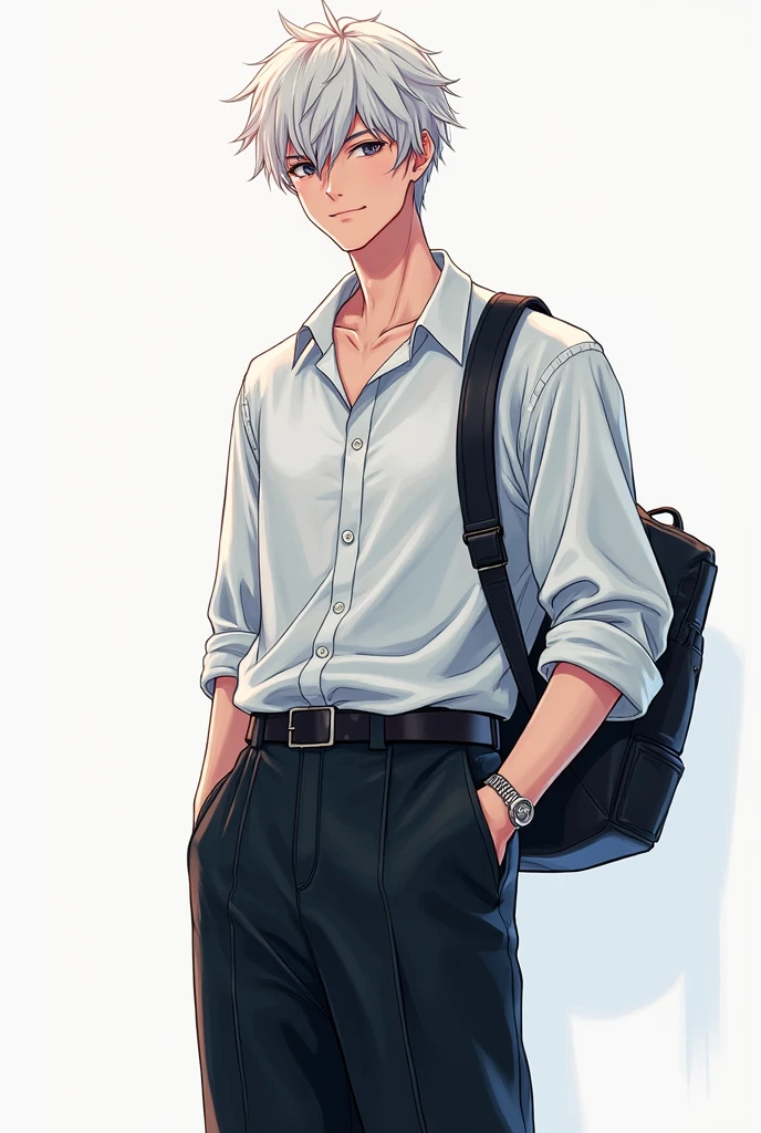 ((masterpiece)), (((best quality))), chromatic lighting,
colorized, white + black limited color palette,
detailed concept drawing,
Shibuya street fashion guy, no weird object on his face,
portrait, 25yo 1guy, slender, wide pants, short white hair, black eyes, smiling
