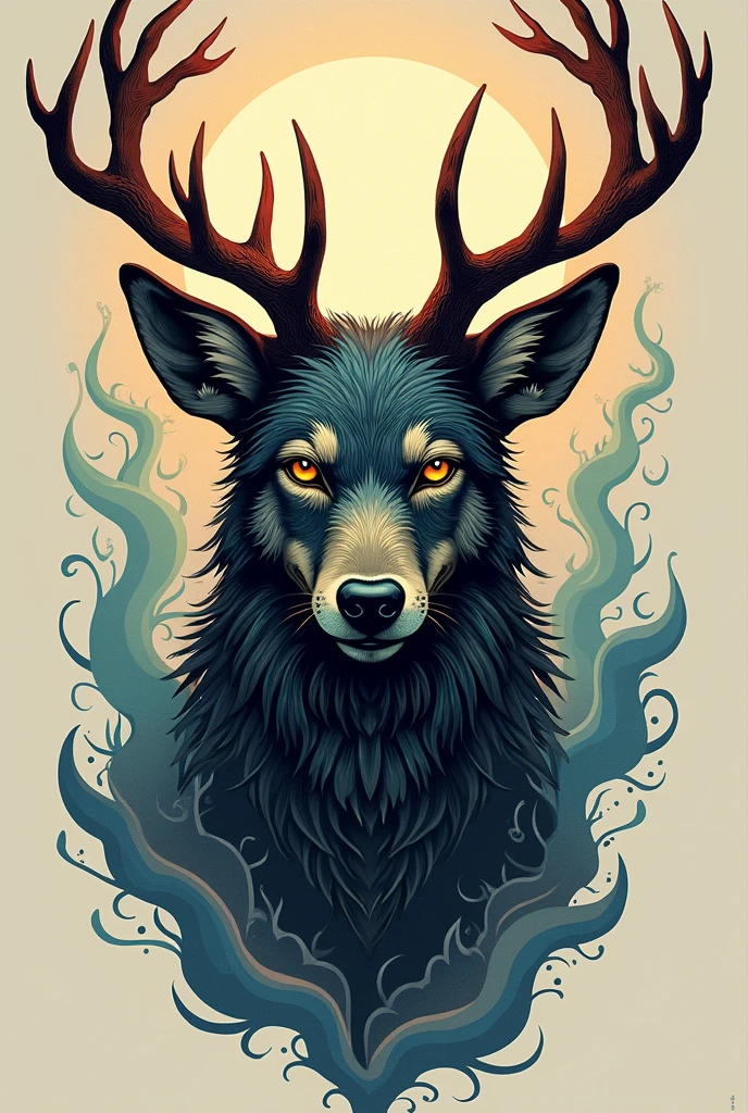 Anhangá Spirit tattoo art with deer antlers and maned wolf head 
