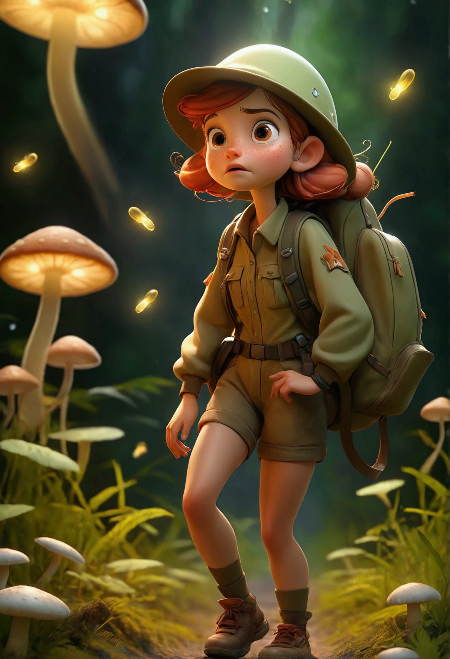 A road with a lot of vegetation, a female traveler with a backpack on her back asking for a ride from a UFO at dusk, and there are fireflies in the air and mushrooms on the ground