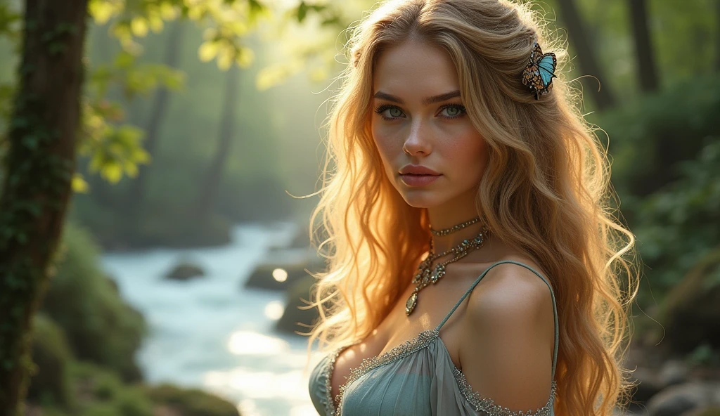 "A full-body shot of a realistic fairytale scene in a magical palace in a beautiful magical forrest, bathed in sunlighting."Beautiful pastel colour pallette." "A fairy queen1 with realistic striking big blue eyes with eye makeup and a serious, direct gaze at the camera with golden extra long hair and perfect shaped pearly white teeth and pursed lips." " A Fairy queen2 with golden-brown long curly hair in a thin light blue dress is dancing with arms up in the air." "Twirling and dancing fairy princess with a long white hair in a sheer golden wet transparent dress outfit, big breasts, thin waist, big butt, looks provocative with her mouth almost sedusive at fairy queen2 laughing." "Fairy princesse2 dancing and jumping splits" "The lighting is natural and bright, highlighting their features and casting a soft glow around their hair, creating a high-contrast effect that emphasizes the subject's presence. " "A white rapid is just there" "butterflies everywhere". The realistic scene includes a strikingly beautiful fairy queens and a princesse in a beautiful and magical forrest palace. "The vast environment paints a magical but weird admosphere". # Configuration settings clip_guidance_scale = 20 # High adherence to the detailed prompt, emphasizing facial features hr_scale = 2.0 # High resolution to capture intricate details in the hair and face. hr scale =2.0 # Perfect human female body. Best hands 1:1, super realistic hair 1:1, hyper realistic eyes 1:1, extra detailed delicate moist skin, most detaled and realistic face 1:1. #A realistic stage with thorough details and clear focus on the queens.