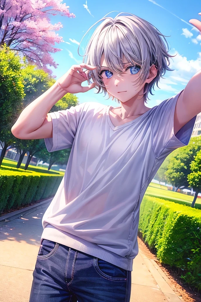 cute boy, by white, blue eyes, park, selfie