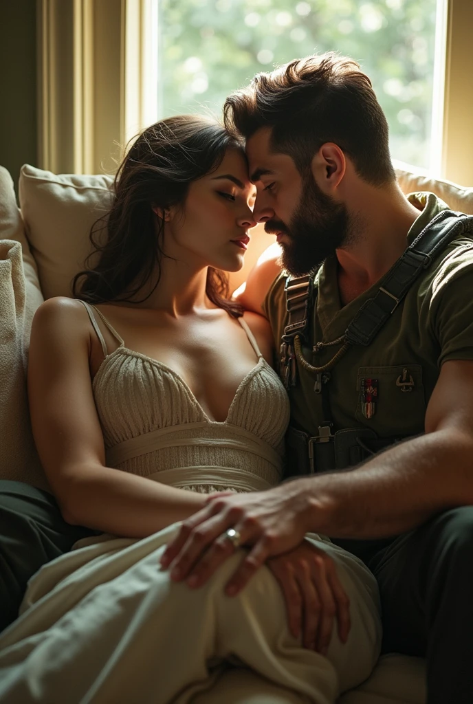 a domineering soldier, a scientist, handsome male soldier, scientist sitting on soldier's lap, male-male love, bright fresh atmosphere, boylove, highly detailed, 8k, hyper realistic, cinematic lighting, masterpiece