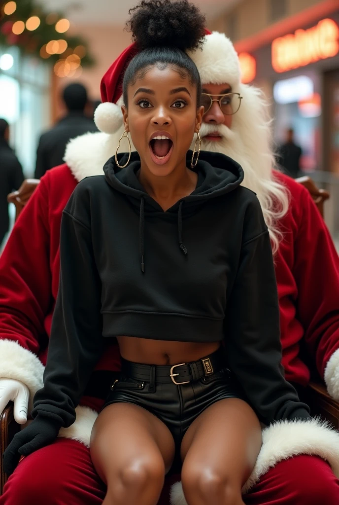 black woman hair in a bun black hoodie black leather short shorts butt cheeks showing excited and eyes wide open on her face setting in santa claus lap at the mall 8k
