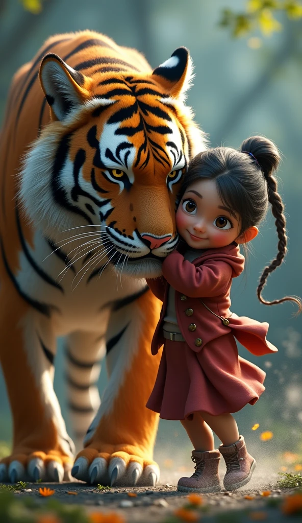 Genaratic cinametics prompt to 3d images in details"**Appearance:** A majestic tiger with bright orange fur and bold black stripes. Girl looks strong yet gentle.
   - **Pose:** girl is depicted with a friendly, determined expression, showing her readiness to help her friend.