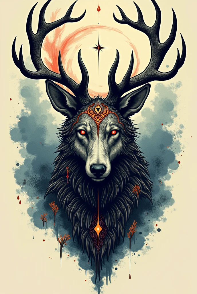 Anhangá Spirit tattoo art with deer antlers and maned wolf head 
