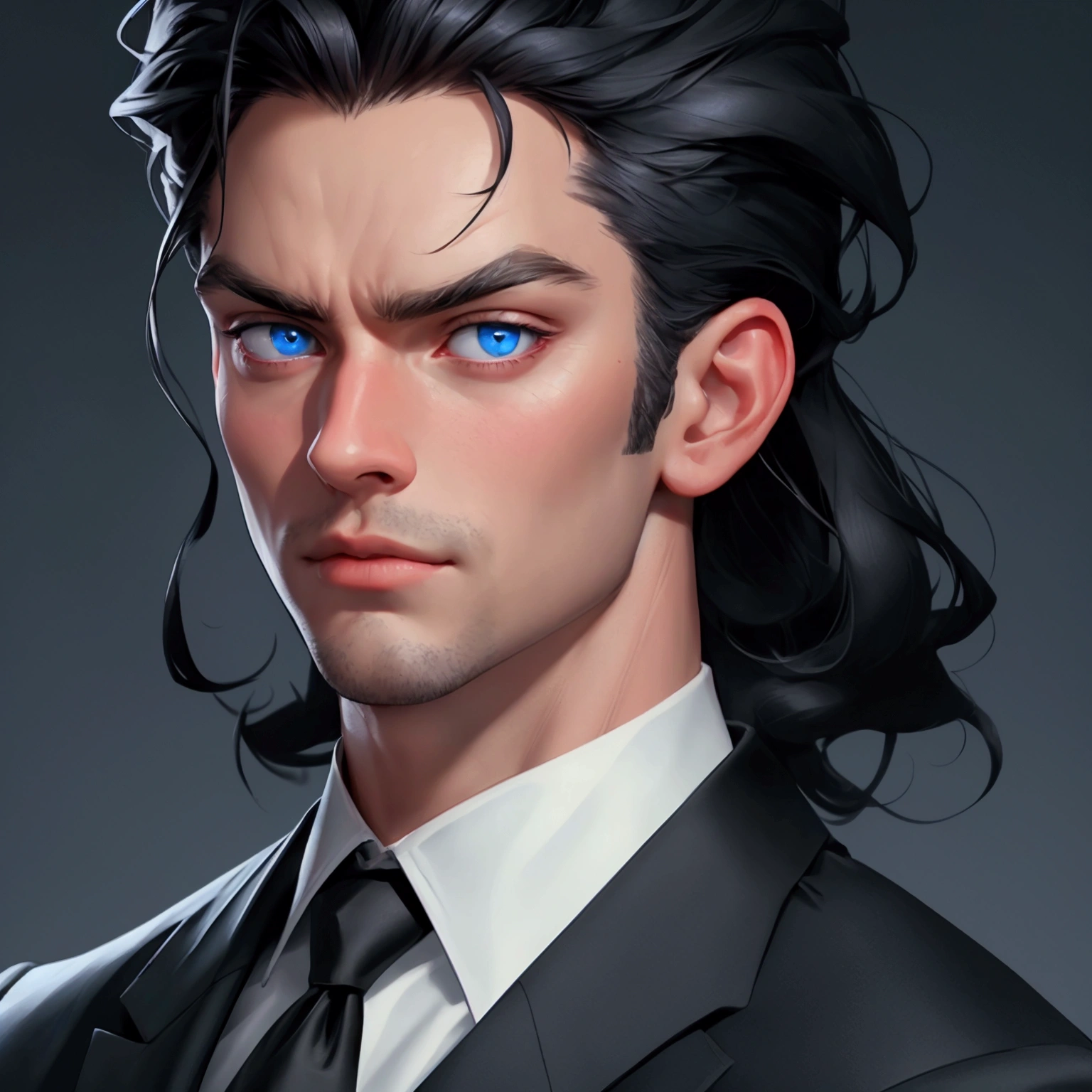 envision a 8k, highres, cinematic, close up portrait English man with a strong face, clean shaved, with slick black hair, and blue eyes wearing a black vest and collard shirt against a dark gray background