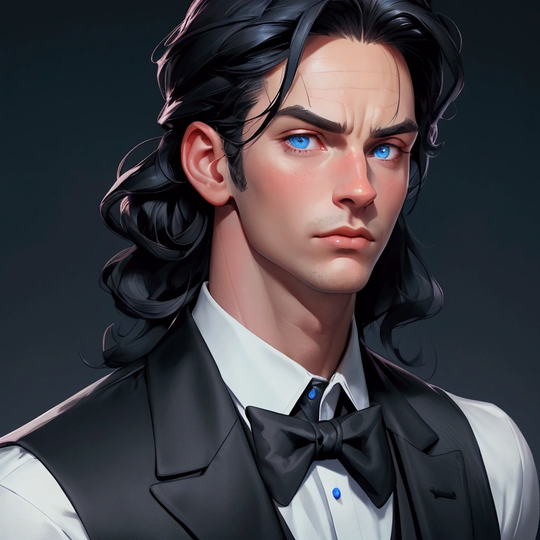 envision a 8k, highres, cinematic, close up portrait English man with a strong face, clean shaved, with slick black hair, and blue eyes wearing a black vest and collard shirt against a dark gray background