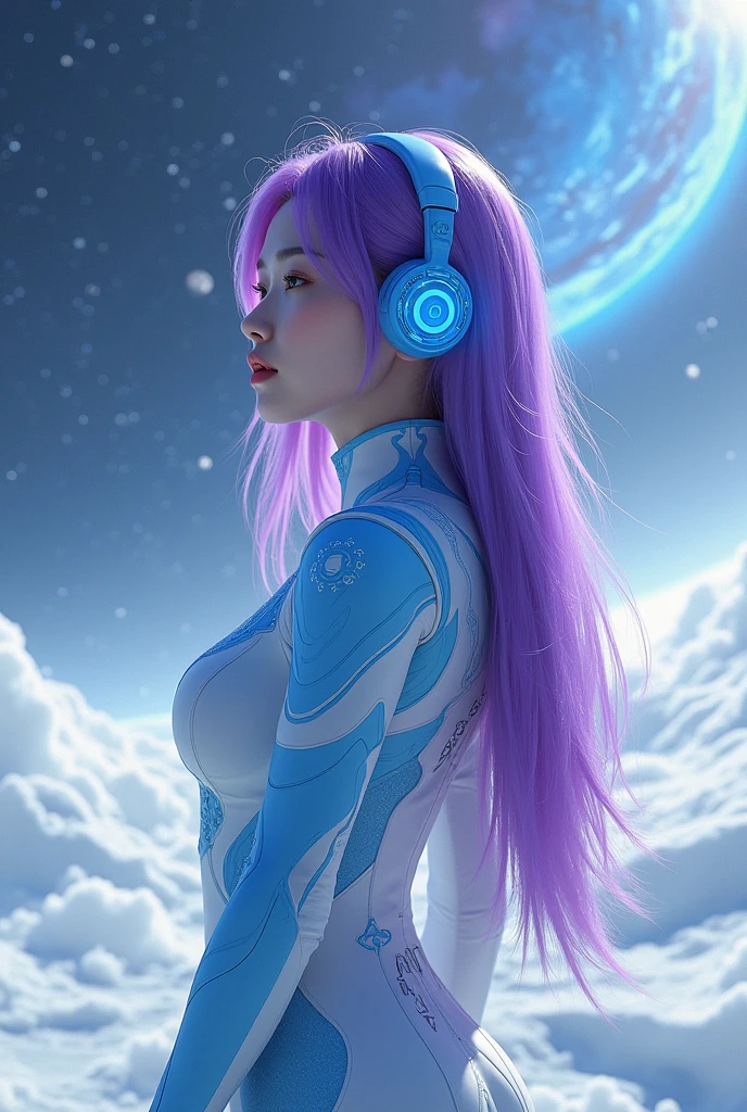 Korean purple hair butterfly woman with headphone intergalactic ice warrior is Korean winteres full body short outfit 