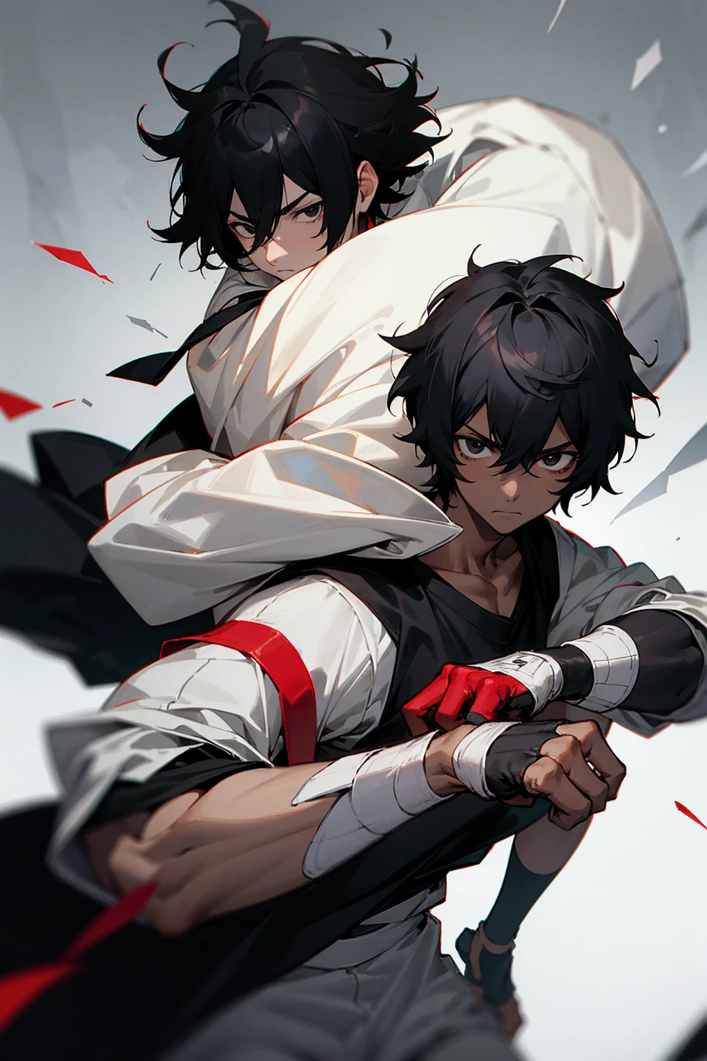 1male, adult male, black eyes, black hair, shaggy hair, darkskin, black and white bandages on arms, white gloves, black and red yukata, white sweatshirt, serious