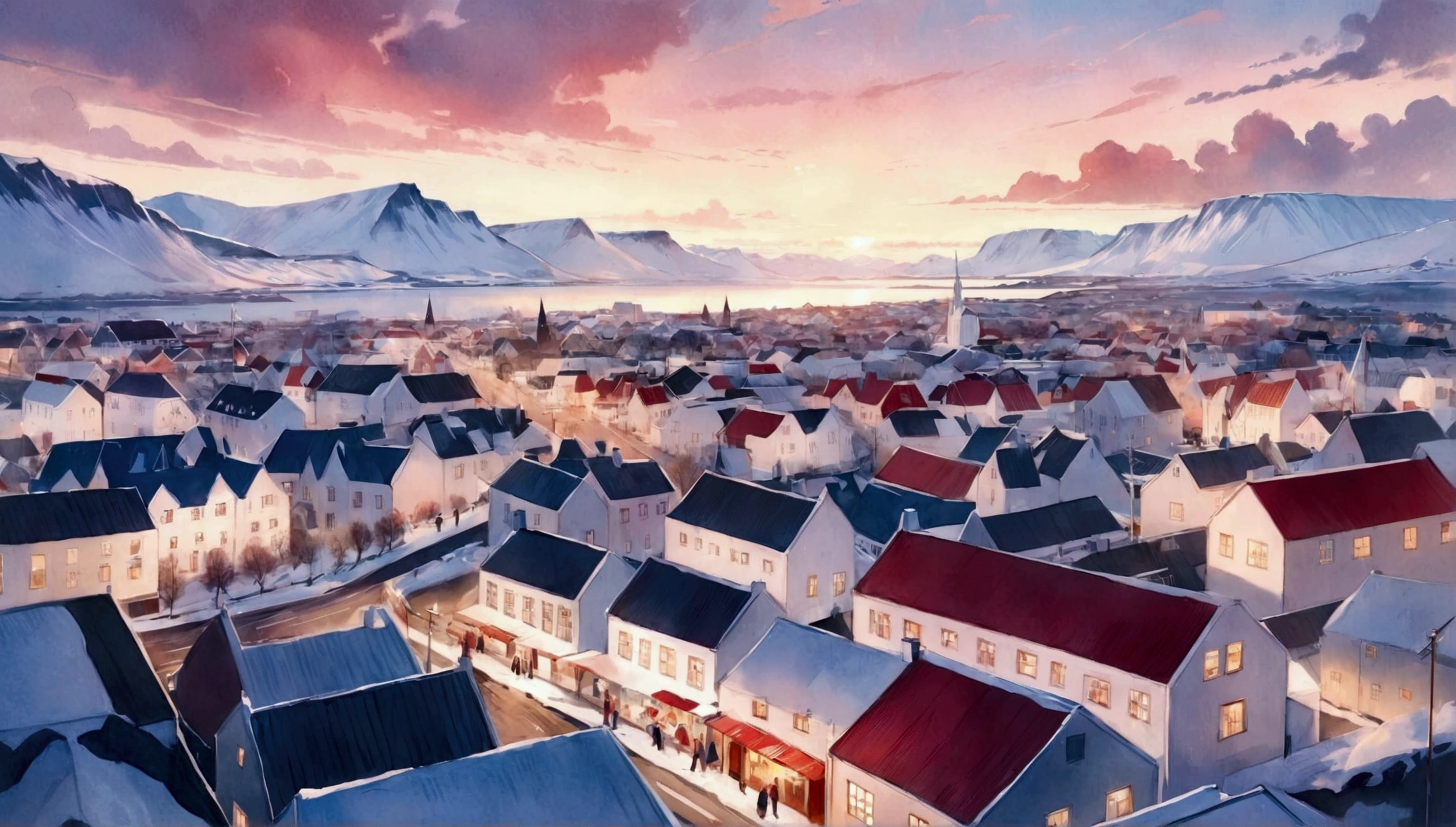 painting in traditional Chinese watercolor style, colored china ink, Zenithal view from above, pink vanilla sky, View of Arafed of a city with a mountain in the background, Reykjavík, Iceland hills in the background, Iceland, white buildings with red roofs, remote Icelandic village, mountains and a huge ancient city, Reykjavík junior college, Iceland landscape, an Icelandic landscape, Iceland photography, City in the background, Icelandic landscape, por Hallsteinn Sigurðsson, at Christmas time, de fondo un esplendoroso sol em un gran pink vanilla sky
