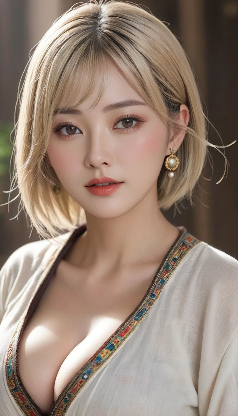 (Ultra-realistic)、Ancient Priestess、のFemale Shaman、
Scalability　beauty　High resolution　High resolution　Realistic　short hair　blonde、　blondeの女性、Mature Woman、Middle-aged women、(((Very ?????????????)))、Detailed skin texture、超High resolution、Realistic、Voluptuous figure、【(((Chubby body type)))】、(((Big big ?????)))､Laughter、中年のbeauty、Beautiful expression、ふわふわなblondeの髪、非常に繊細でDetailed skin texture、３５Female Shaman、{(Ancient ornate and luxurious temple)、(Many torches are burning)}、Ancient Priestess、Big cleavage、(((とてもBig big ?????))) 、Red lips、【(((Colorful and gorgeous clothing and luxury accessories)))】、I have a gorgeous platinum cane、