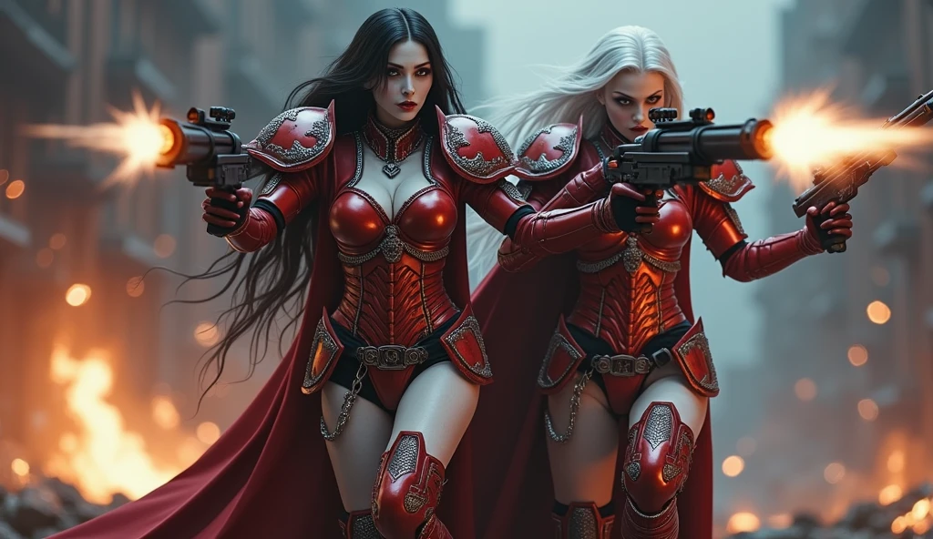 Full body pose sexy sisters of battle from the warhammer 40k, shooting at the enemy, red space marine armor with intricate details, white space marine armor with intricate details, symbols on the armor, sisters of battle, warhammer 40k, Massive silicone breast, pale skin, seductive, temptation, eat your soul, clevage, long white flowing hair with red highlights, long black flowing hair with purple highlights, heavy gothic makeup, at night, neon, beautiful detailed eyes, beautiful detailed lips, extremely detailed eyes and face, long eyelashes, highly detailed armor, intricate futuristic weaponry, dramatic lighting, cinematic composition, muted color palette, gritty and realistic, mecha, science fiction, hyper-detailed, photorealistic, award winning digital art, 8k, HDR, masters work, in the middle of a battle field, full body combat action pose, explosions and fire around, full war, stunning, Stilleto heels, high heels, full body pose, cinematic, movie trailer, final stand!, nemesis, ready to strike, dust and debree, combat screams, attacking, shooting at the enemy, running forward, last line of defense, charging, fanatic, religious, templar knights, sisters of battle, warhammer 40k