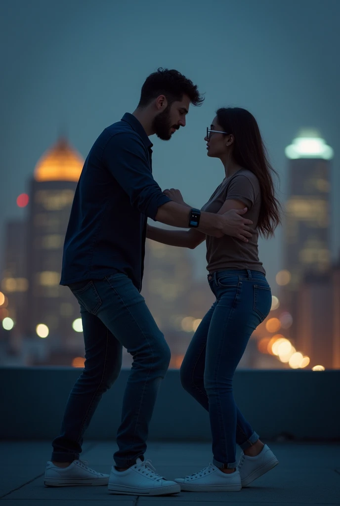 A young man wearing a dark blue shirt, jeans, white shoes and a smartwatch tries to stop his girlfriend on a rooftop at night; the girl is wearing a brown top and jeans and is also wearing glasses