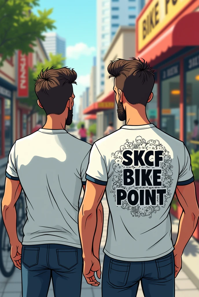 Two mens with a t Shirt written SKCF bike point cartoonised image back view